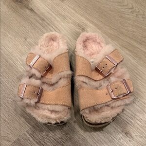 Birkenstock Soft Pink and Tan Fuzzy Sandals